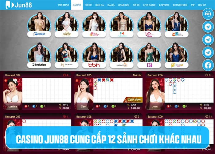 Casino Jun88 cung cấp 12 sảnh chơi khác nhau